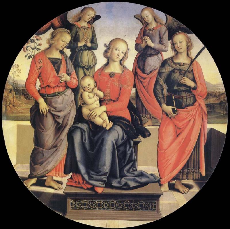Pietro vannucci called IL perugino The Virgin and the Nino acompanados for two angeles, Holy Rose and Holy Catalina oil painting picture